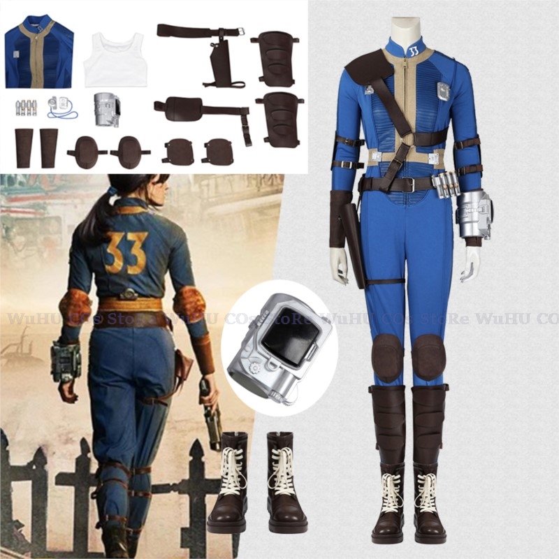 Fallout Cosplay Prop - 女性のためのLuckyコスプレコスチューム、秋のコスプレ、ジャンプスーツ、ユニフォームのアクセサリー、靴、ハロウィーンパーティー、ボールト33、クラブまたはスーツ